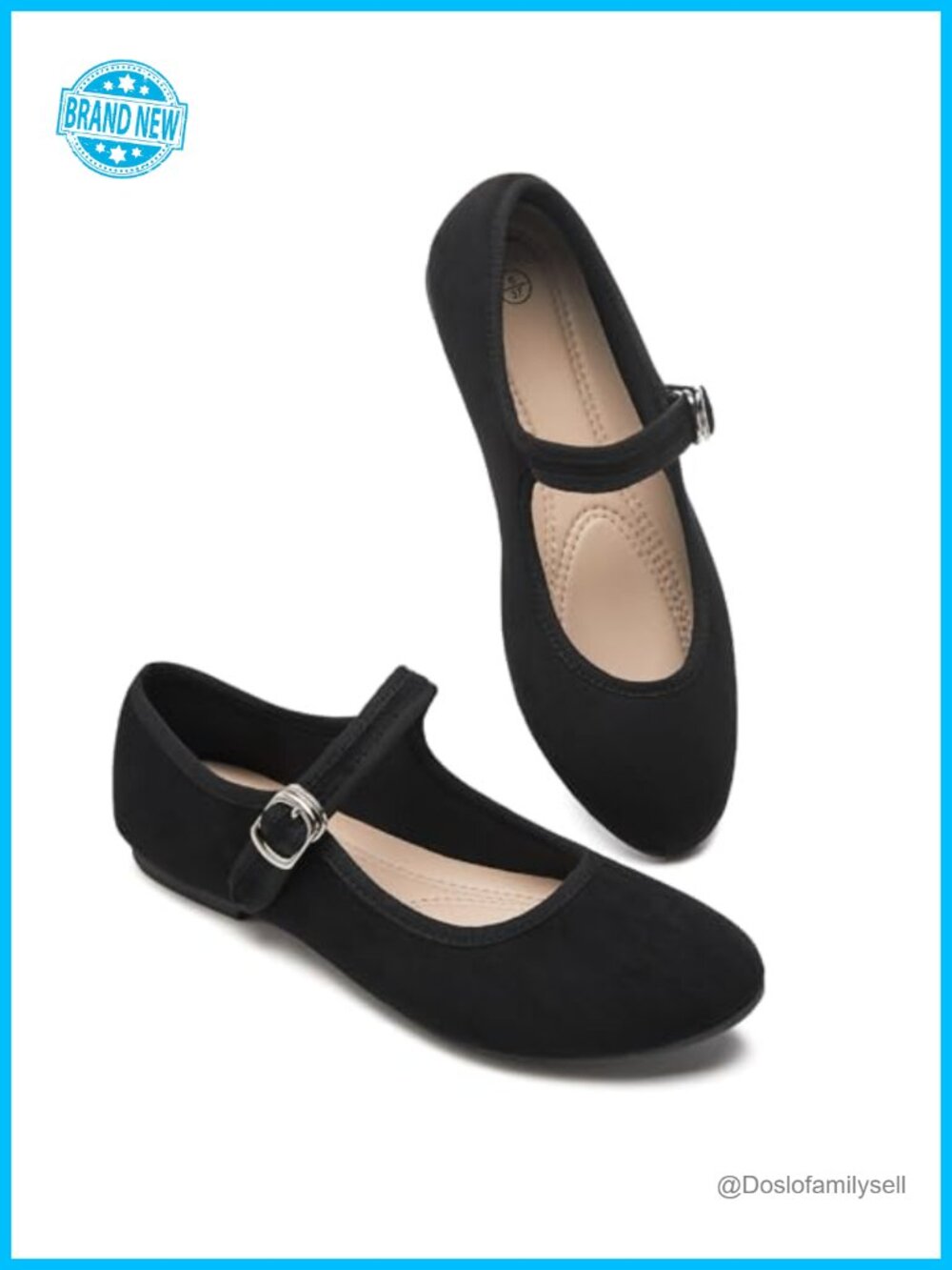 Womens Mary Jane Flats Faux Suede Adjustable Strap Memory Foam Comfort Round Toe